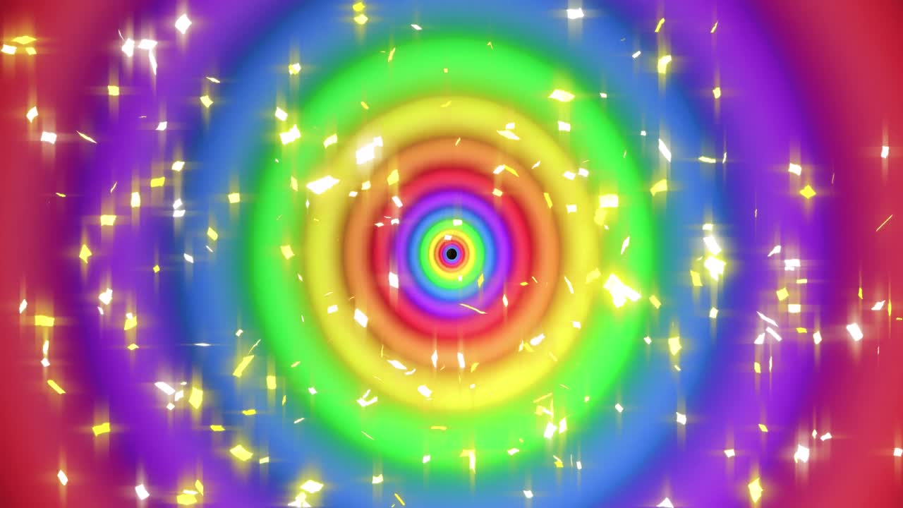 animación de confeti sobre círculos de arco iris y colores que se mueven en un bucle sin costuras