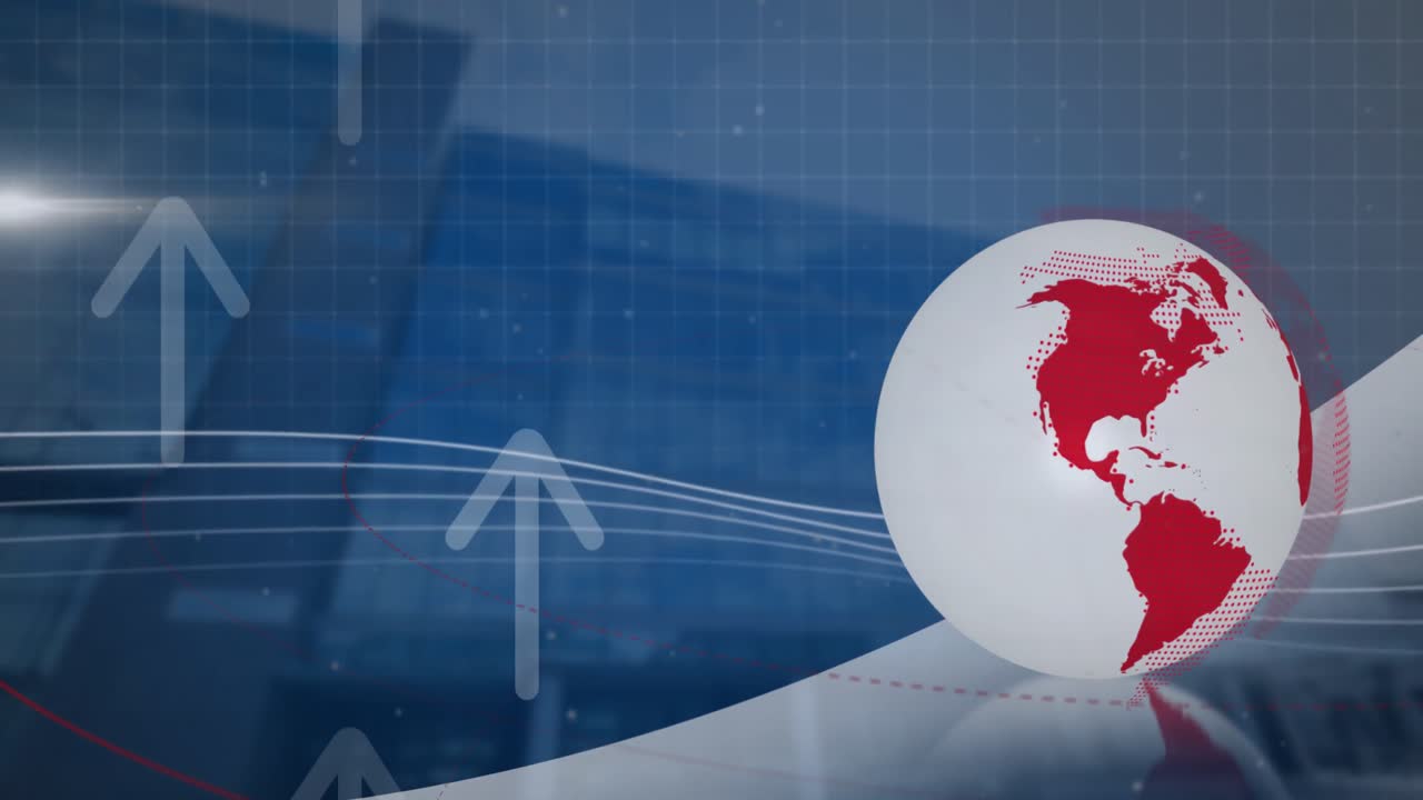 animación de globo giratorio y flecha moviéndose hacia arriba contra vista de ángulo bajo de edificio alto.