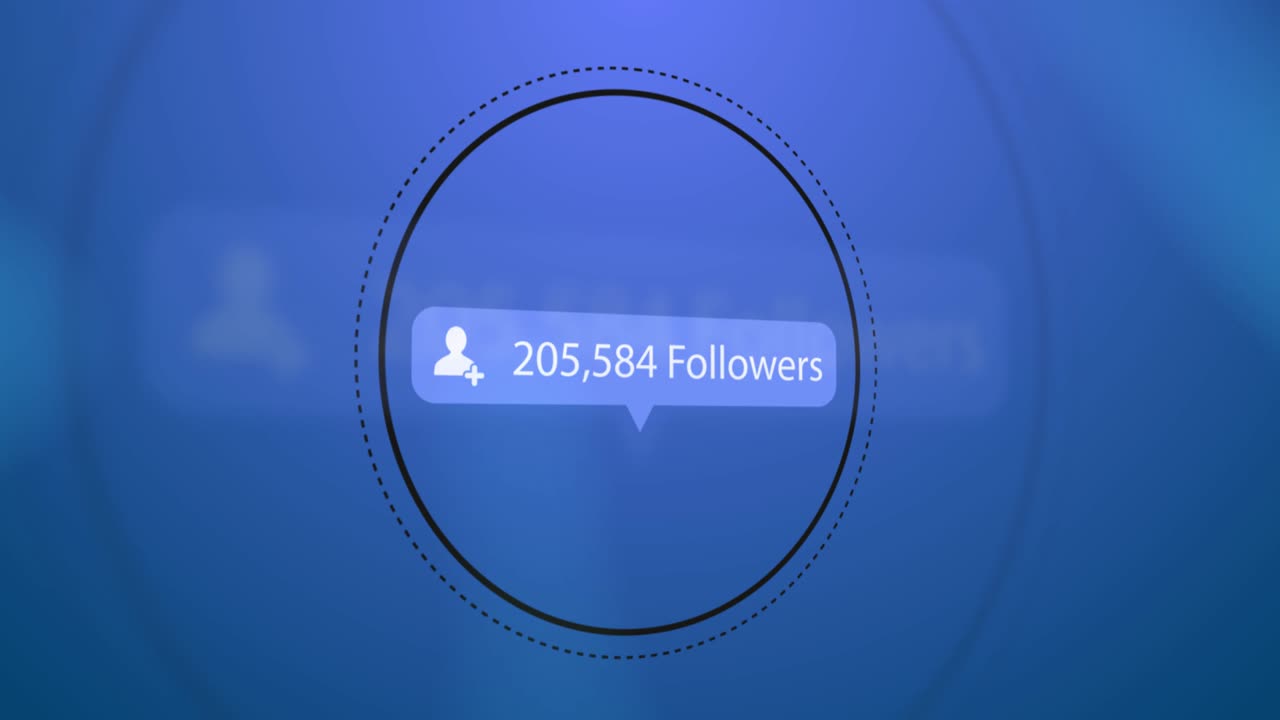 icono de perfil, texto de seguidores y números crecientes en la burbuja de habla sobre círculos en fondo azul
