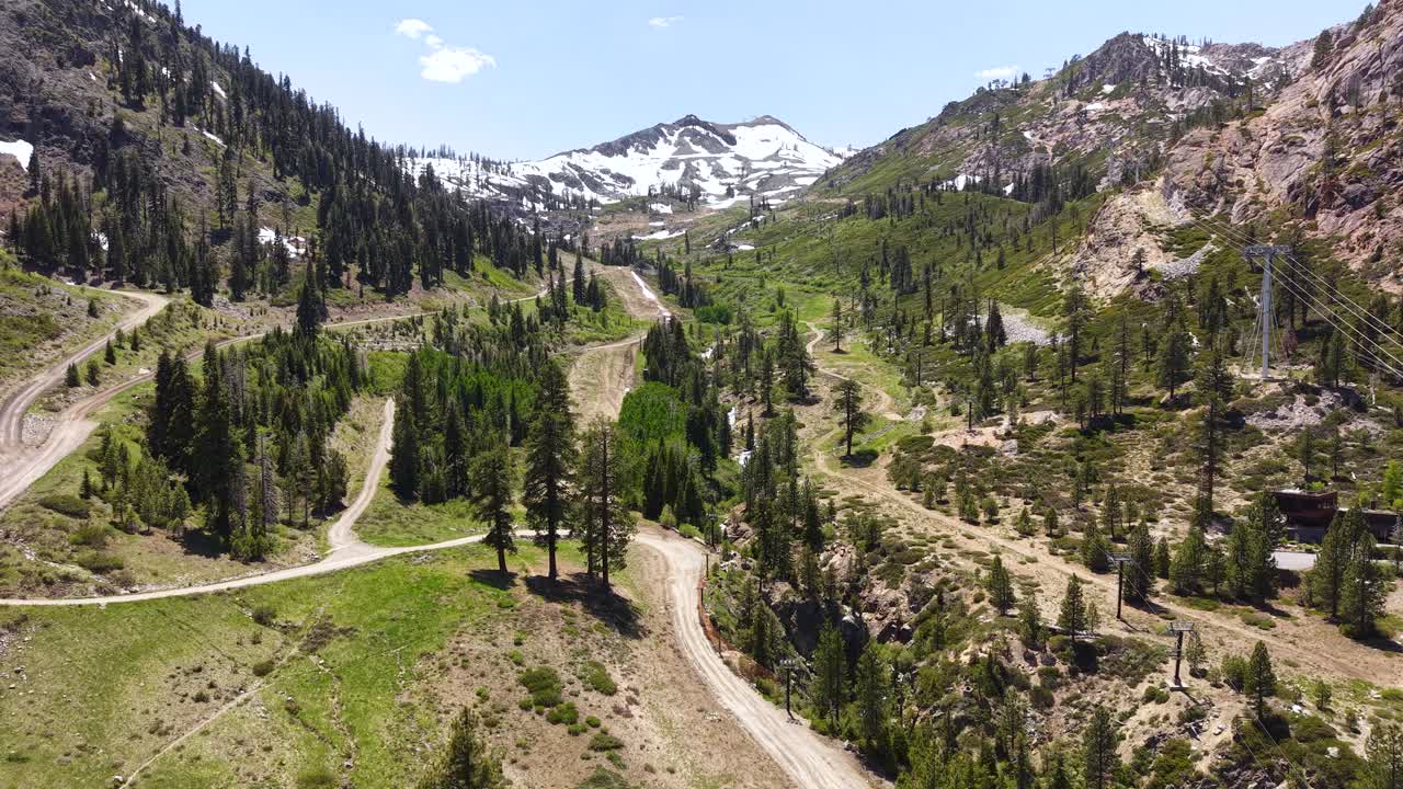 Drone Shot of Palisades Tahoe Ski Resort in Summer Season, California USA, Hills, Ski Tracks and Snow Capped Peaks