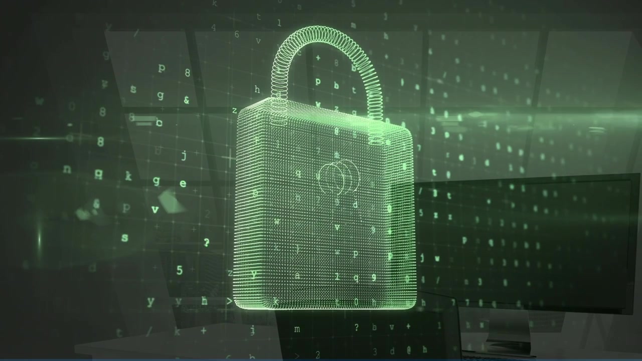 Animazione di lucchetto digitale e numeri su computer in ufficio