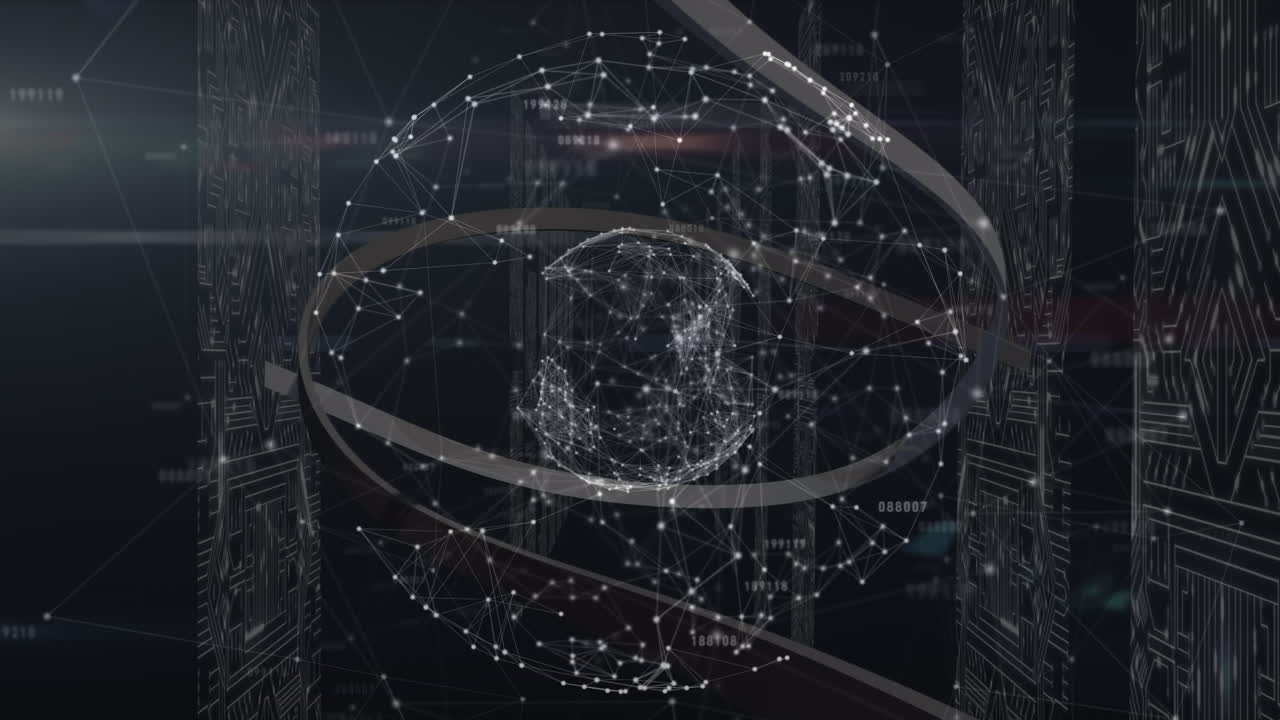 Animation of ribbon, connections and globe over integrated circuits in servers