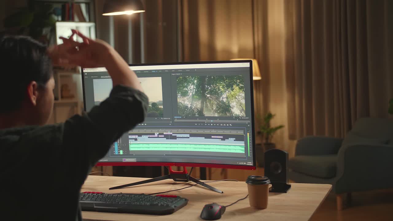 Asian Male Video Editor Stretching While Works With Footage And Sound On His Personal Computer, He Works Late At Night