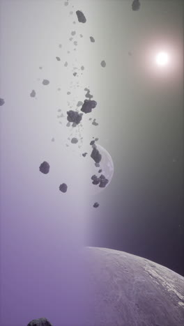 a beautiful and surreal image of a planet with a moon and a field of asteroids