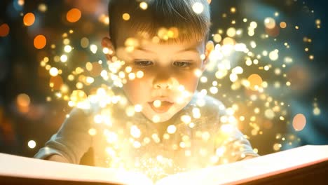 a young boy is reading a book with sparkles coming out of it