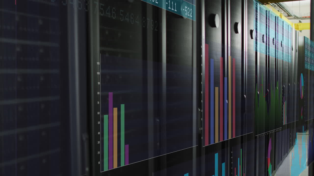 animación del procesamiento de datos financieros a través de servidores informáticos