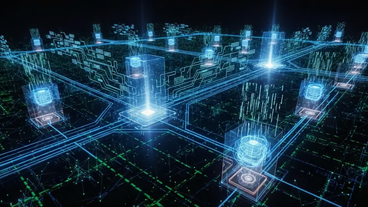 Dynamic Visualization of a Futuristic Network Grid Showcasing Data Flow, Connectivity, and Digital Structures in a Colorful Technological Landscape