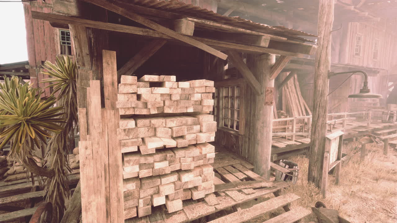 사막 에 있는 버려진 나무 건물