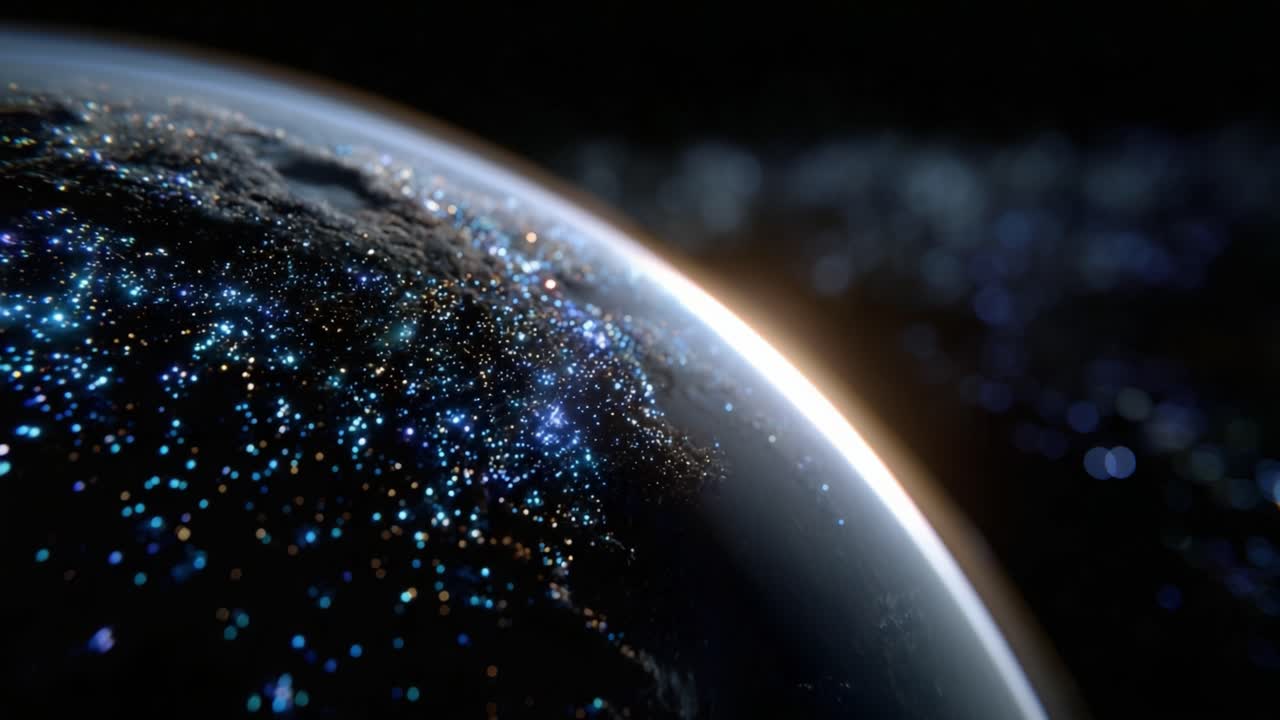 Stunning Close-Up View of Earth Illustrating the Glow of City Lights and Starry Background, Capturing the Unique Beauty of Our Planet in the Vast Universe