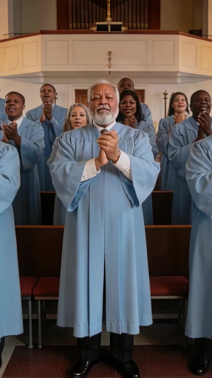 Video verticale: Solista di coro che canta, alzando lo sguardo e applaudendo, mentre guida la funzione all'altare, con indosso vesti