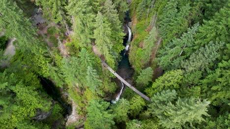 aerial descent of lynn canyon suspension bridge and waterfall, north vancouver, bc, canada