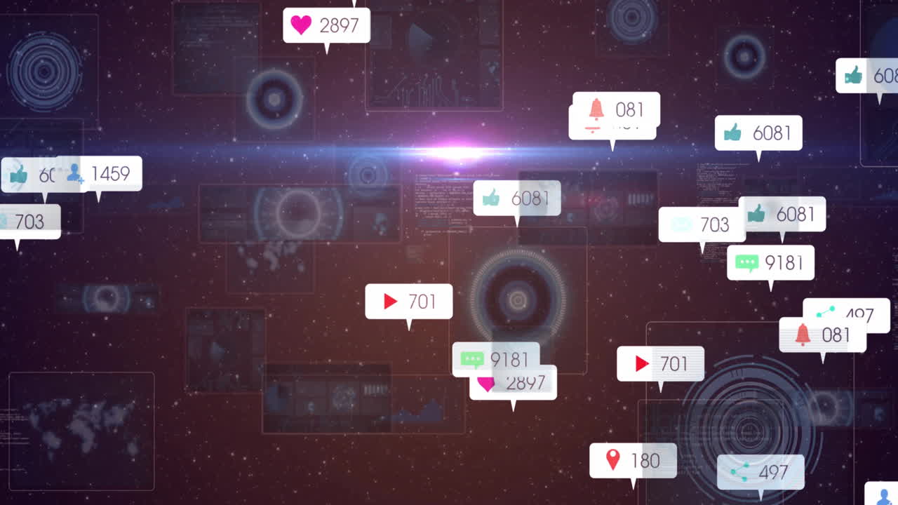 Social media notifications and likes animation over digital interface background