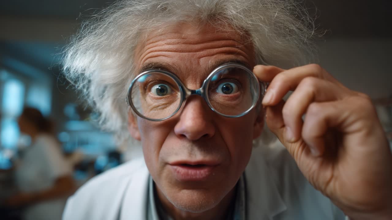 Scienziato curioso con capelli scompigliati e grandi occhiali esamina attentamente un esperimento in un ambiente di laboratorio, pieno di strumenti e apparecchiature scientifiche interessanti