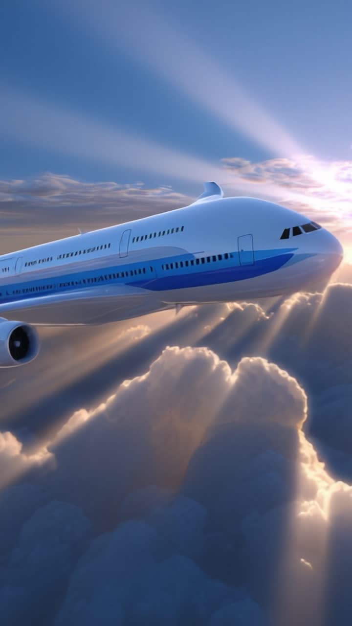 Un maestoso aereo che si libra in un cielo drammatico pieno di luce radiosa e nuvole gonfie, catturando l'essenza del viaggio aereo e dell'esperienza aeronautica.