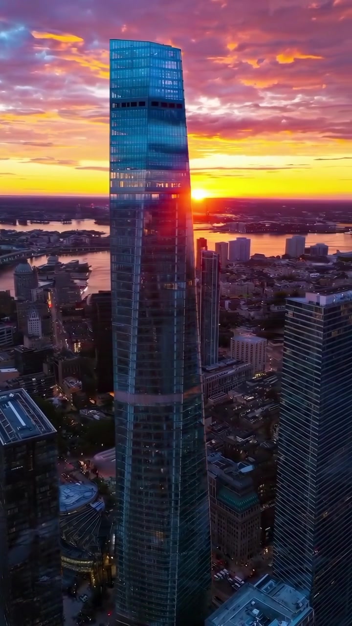Veduta aerea di un moderno grattacielo al tramonto a Jersey City