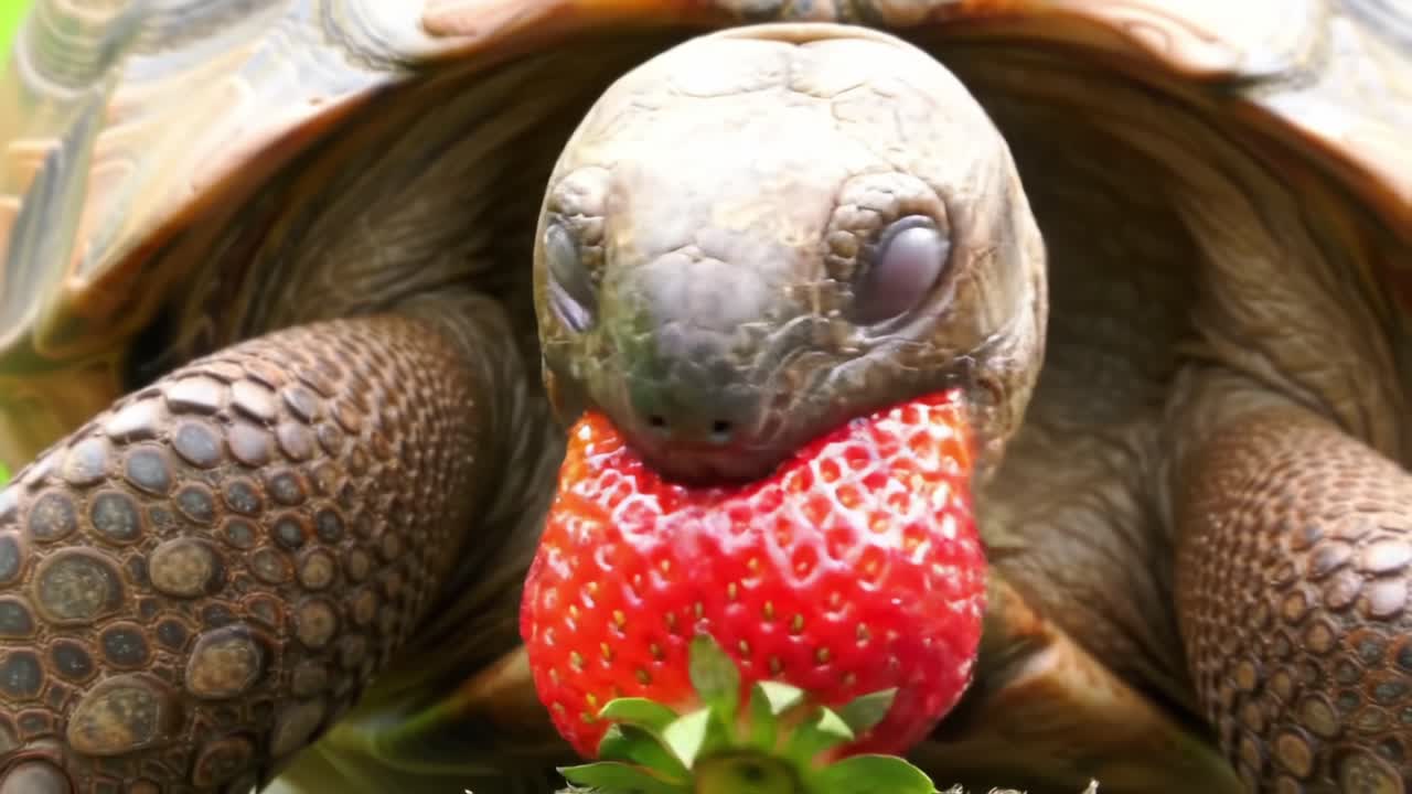 A Curious Tortoise Enjoys a Delicious Strawberry Snack Amidst Lush Greenery, Showcasing Nature's Bounty and the Joys of Simple Pleasures in Wildlife