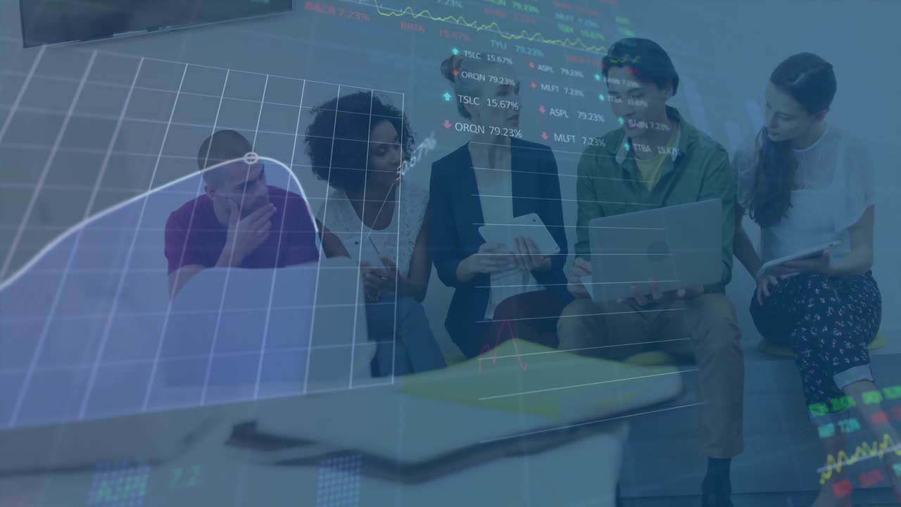 Animation of stock market data processing over team of diverse colleagues discussing at office