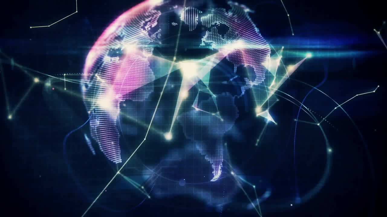 Digital world map with glowing lines and geometric shapes, global connections animation