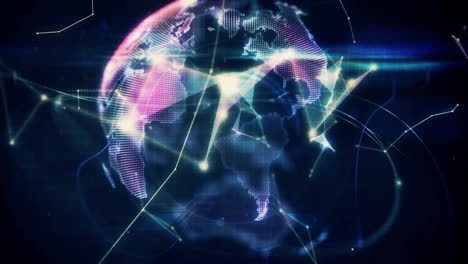 digital world map with glowing lines and geometric shapes, global connections animation