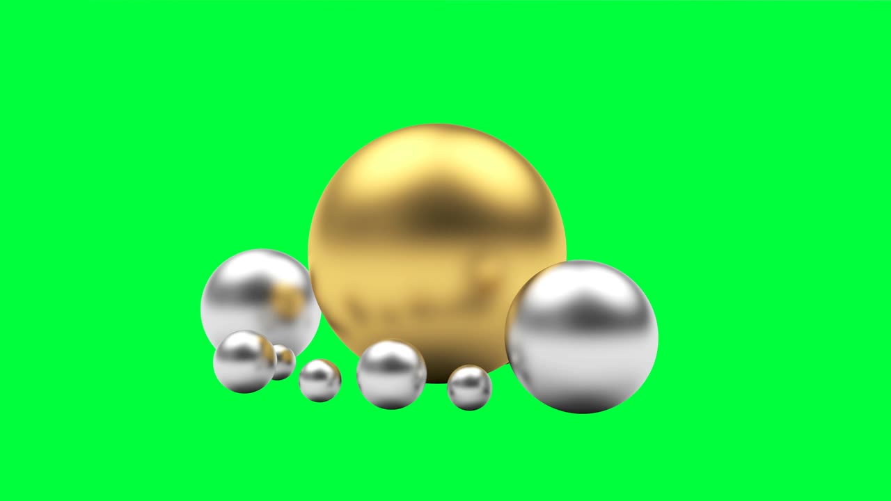 3d 애니메이션에서 황금과 은색 구가 녹색 화면에서 회전합니다.