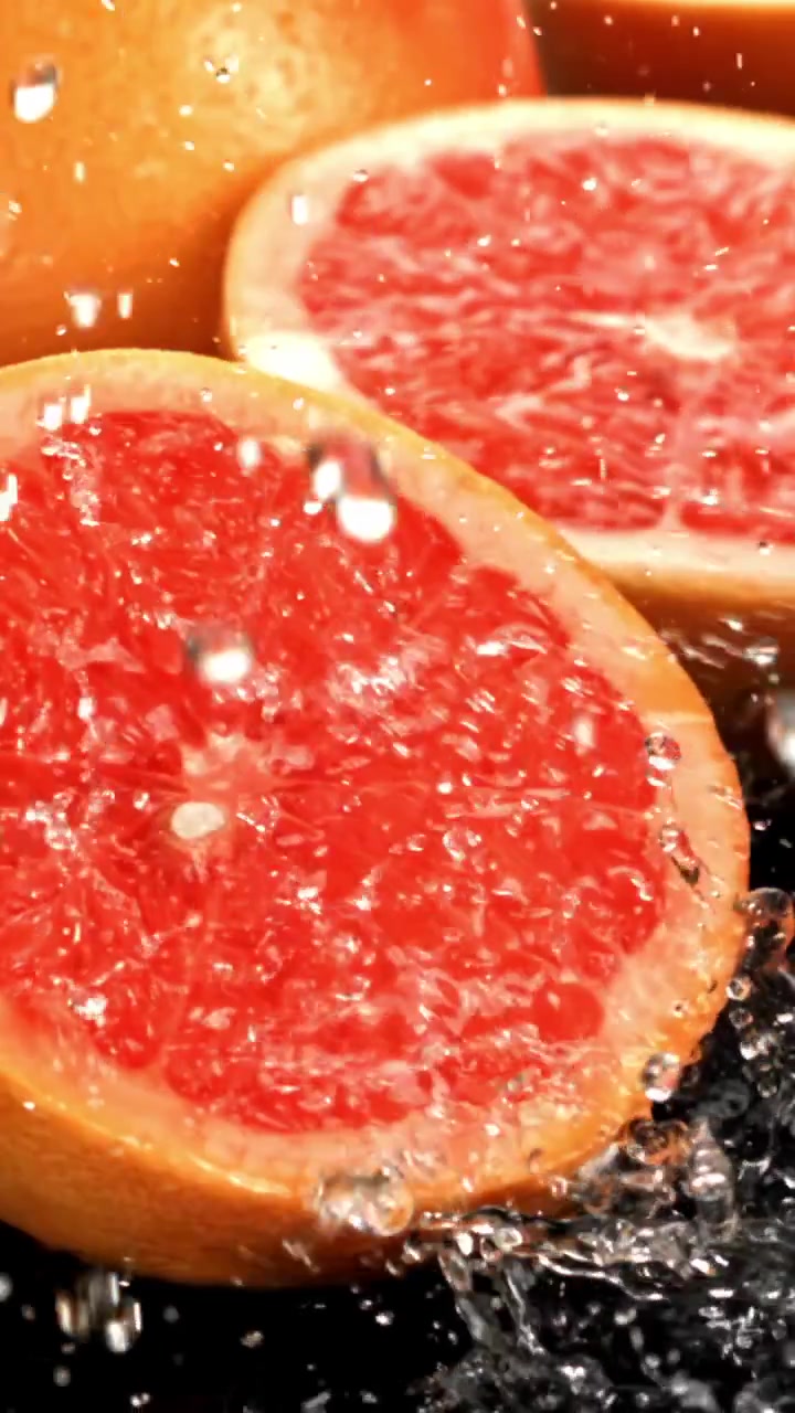 Metà di pompelmo rosso rinfrescanti con schizzi d'acqua