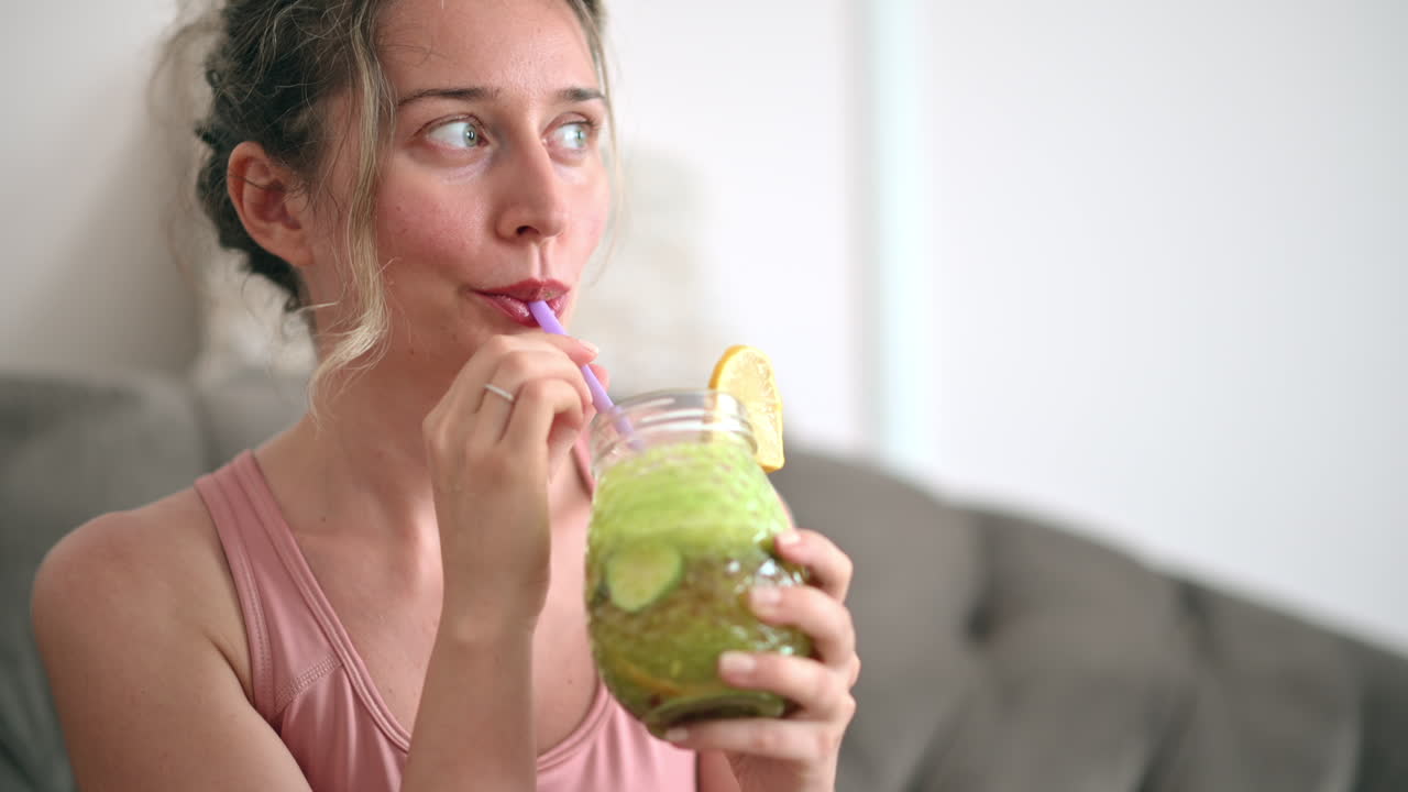 Primo piano di una donna che beve un succo verde mentre è seduta su un divano