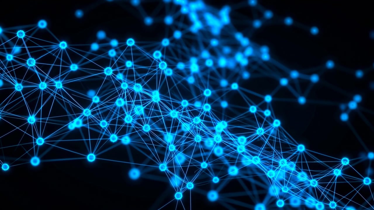 Close-up abstract scene of blue and cyan nodes linked by thin glowing lines across dark background, creating depth, mesh structure, signal flow, and modern technology concept, with network, node