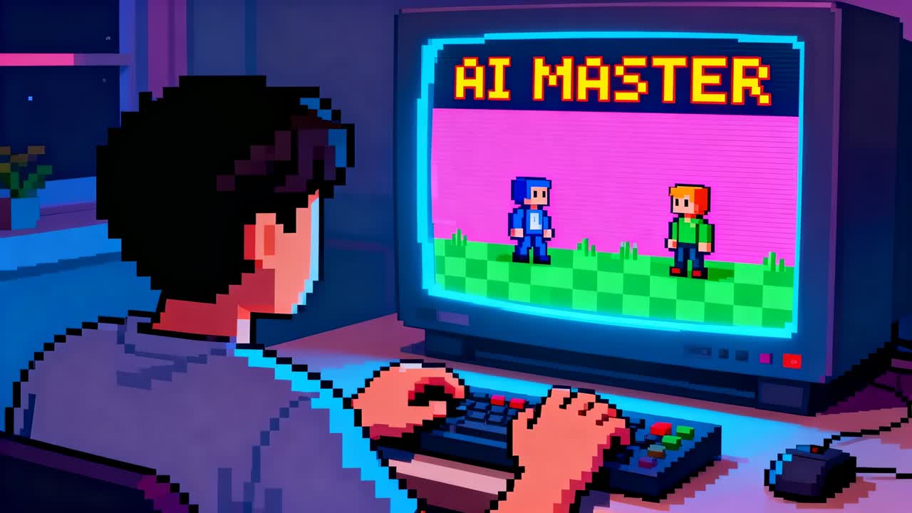 Uomo che digita al PC con tastiera e mouse, indossa una maglietta ed è seduto alla scrivania mentre interagisce con un MASTER IA animato su uno schermo CRT, spazio per il testo