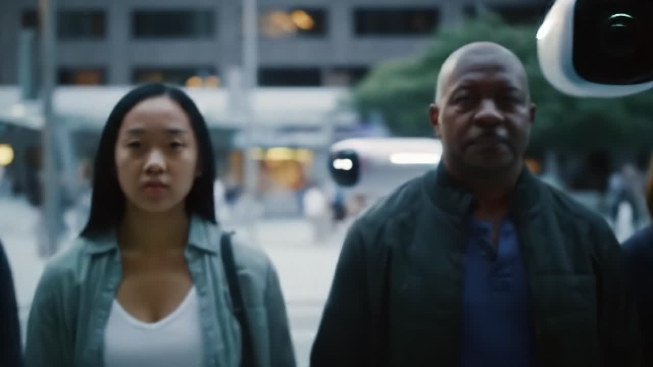 Groups of individuals stand together in a vibrant city setting, engaging with state-of-the-art technology while surrounding elements depict a lively urban atmosphere.