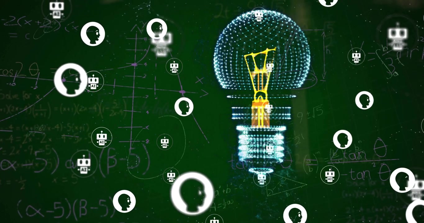 Animation of light bulb with icons over mathematical equations on green background