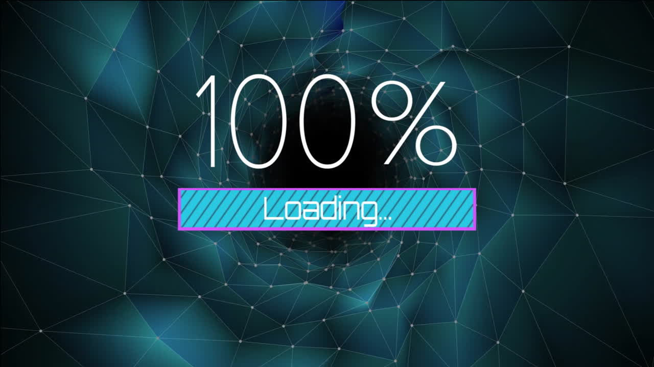 Animation of loading text and digital data processing over light trails on blue background