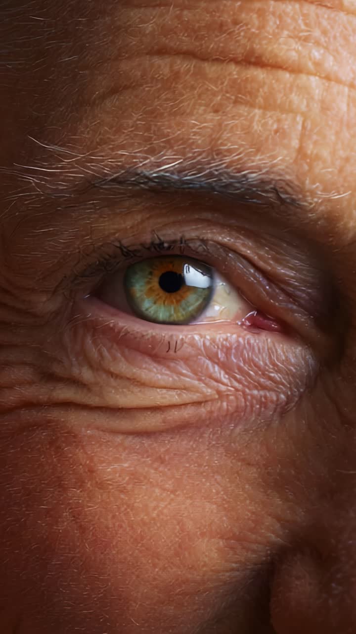 Primo piano di un occhio umano con un colore dell'iride unico e pelle con texture intorno, che cattura le complessità dell'invecchiamento e dei tratti umani in due inquadrature