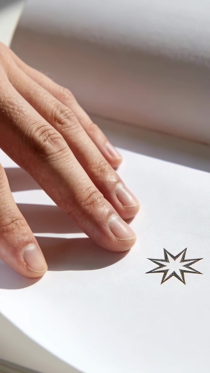 Video verticale: Dita che scorrono sollevando la mano e sfogliando pagine bianche su una scrivania, rivelando grafiche a stella.