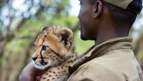 wildlife keeper gently cradling cheetah cub, revealing profound connection between human and endangered species, showcasing compassionate animal care and conservation efforts