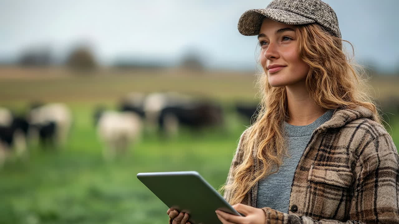 Woman on farm with cows, tablet. A young woman with wavy hair stands in a field, using a tablet while cows graze nearby