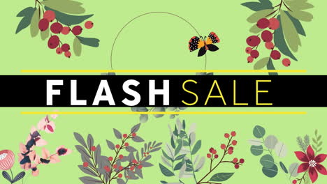 animación digital de un banner de texto de venta instantánea contra diseños florales sobre un fondo verde
