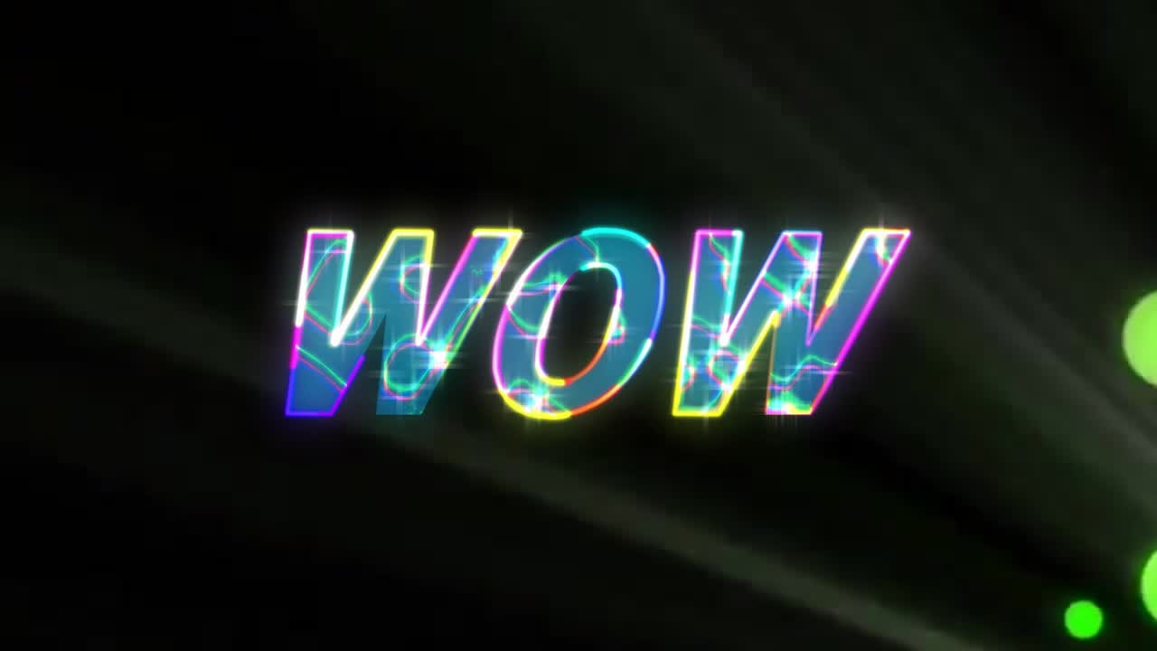 Grønne stråler aktiverer en kule som animerer at en WOW-logo dannes, og pulserende neonfarger viser merkevaren.