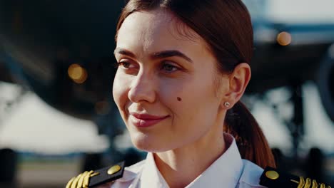 professional female pilot wearing crisp uniform confidently standing near commercial airplane, radiating leadership and success against sunny airport background