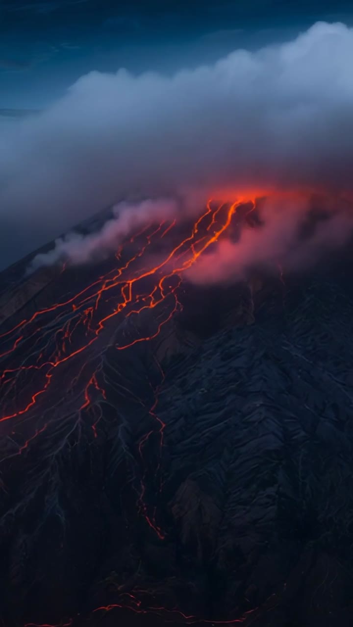 Vertical video: Showing volcanic crater vent pulsing lava down flanks at dusk, with ash-smoke plume
