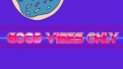 Animation-Von-Good-Vibes,-Nur-Text-In-Rosa-Metallischen-Buchstaben-über-Donuts-Auf-Violettem-Hintergrund