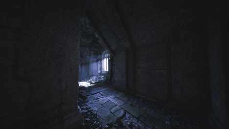 light filters through a ruined structure in a dark corridor at dusk