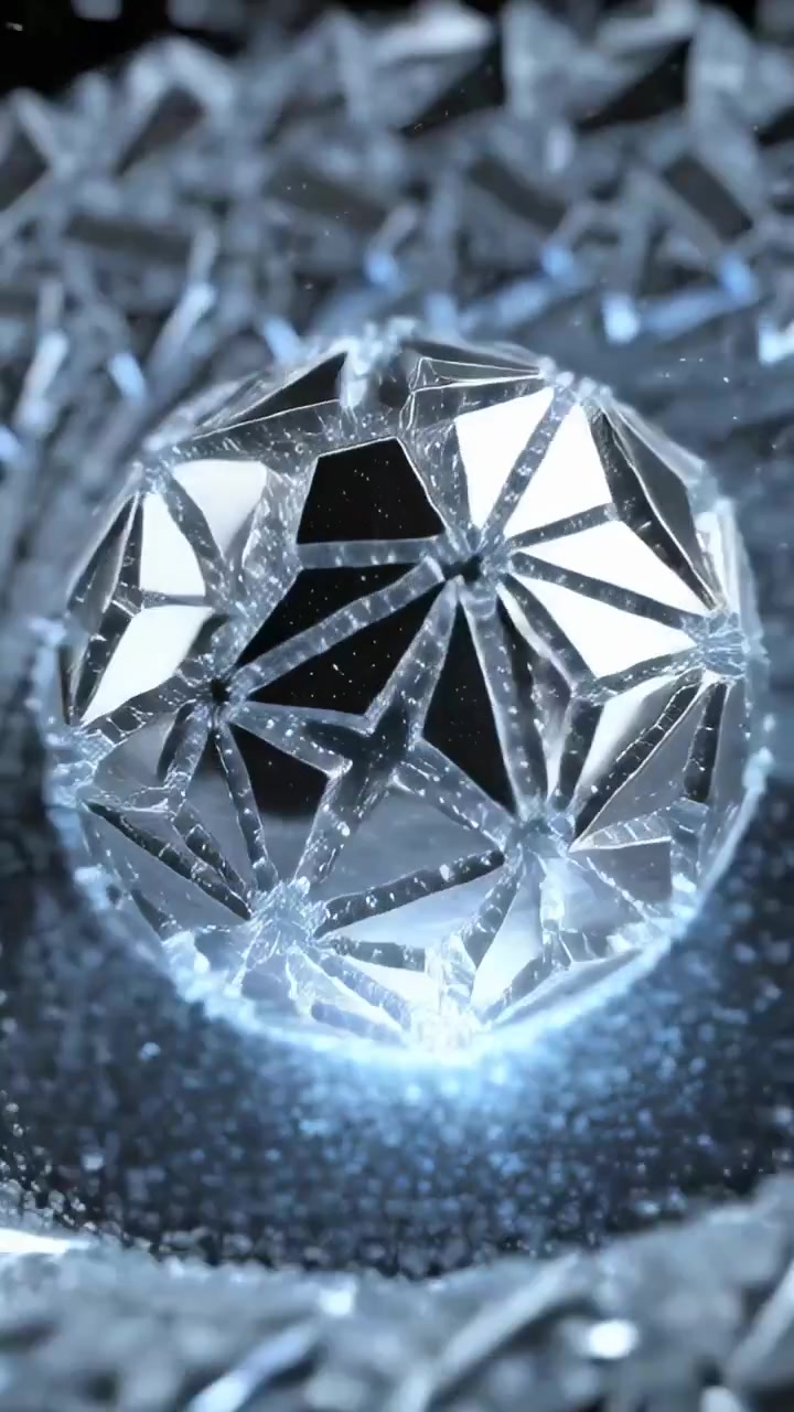 Video verticale: Una sfera di cristallo che gira in studio mentre la telecamera si muove, mostrando schegge, gocce e sfaccettature.