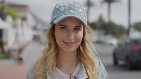 portrait of beautiful cute blonde woman smiling cheerful wearing hat enjoying sunny beachfront