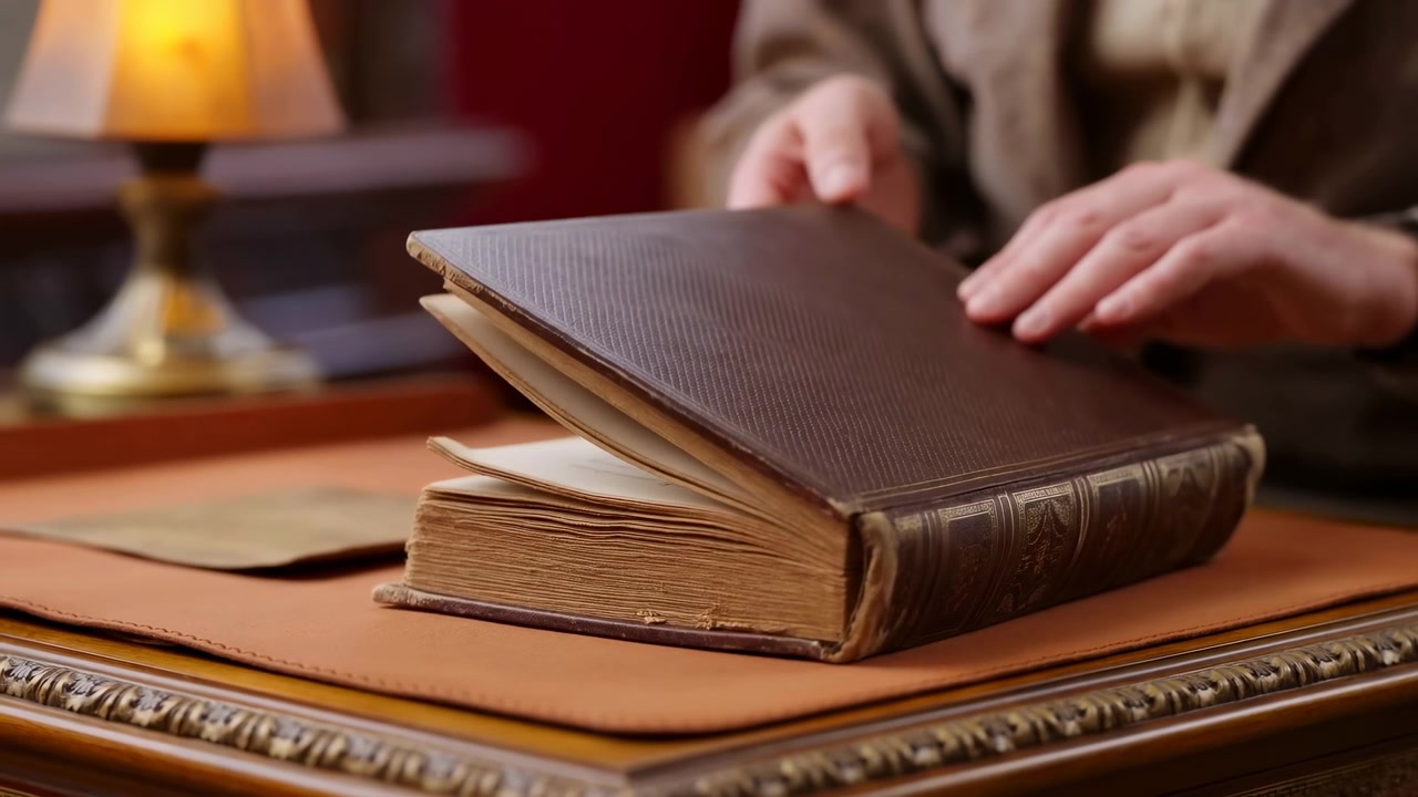 Scena illuminata caldamente di un libro antico centrato su un tavolo ornato, con le mani di una persona appoggiate nelle vicinanze in un ambiente interno tranquillo. Sfocatura dello sfondo morbida, elementi in legno.