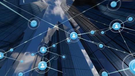 animation of network of connections with icons over cityscape