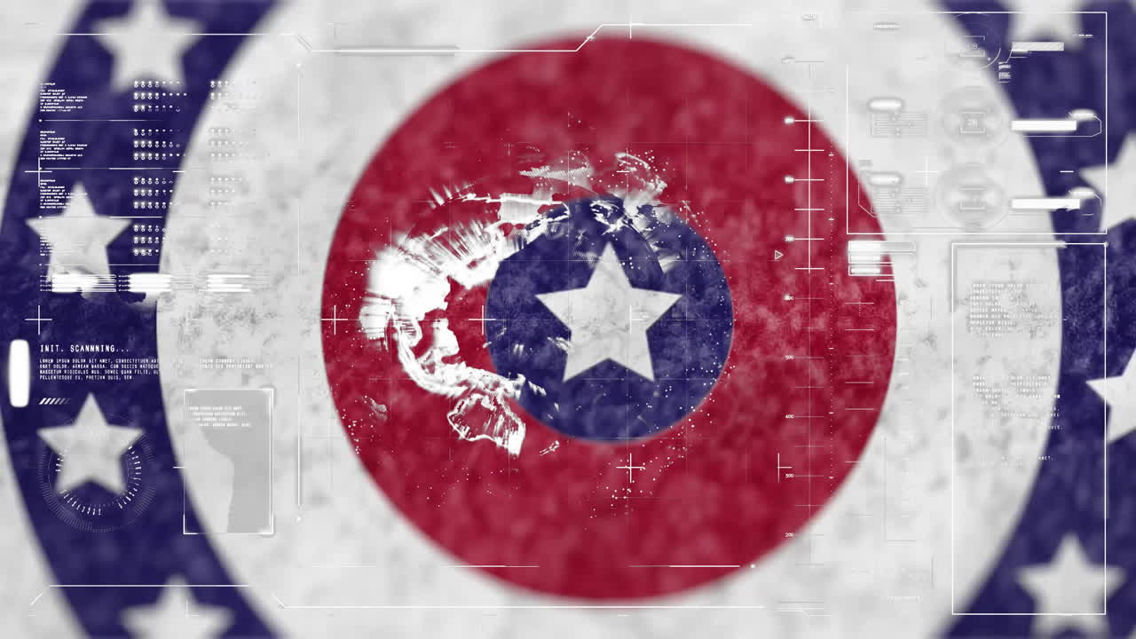 Red and white target with blue star over digital data processing animation