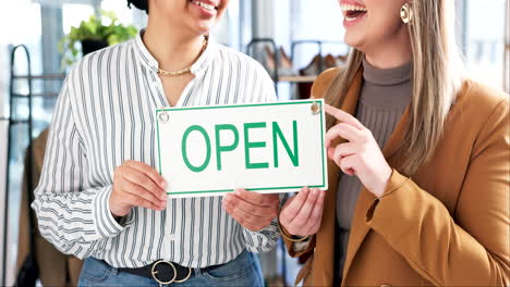 happy woman, hands and open sign in small