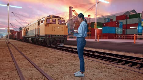 full body side view of asian female with her laptop with freight cargo train at port, typing and dissapionted with nodding her shead