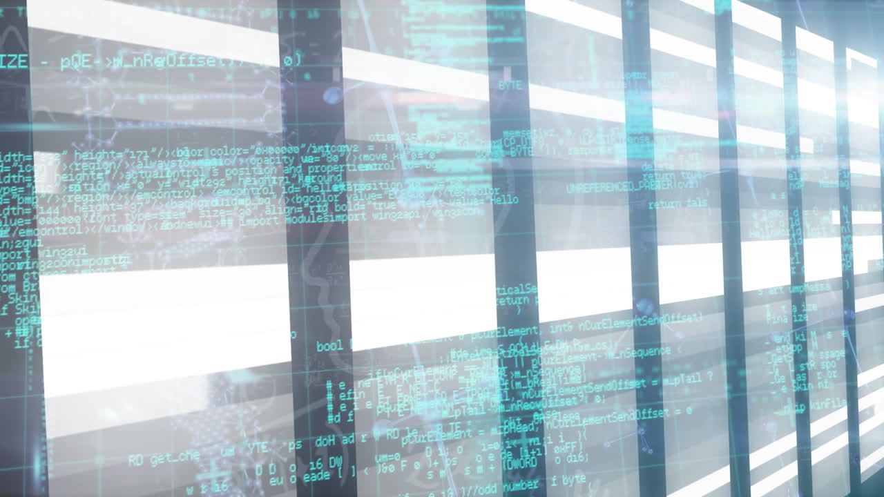 Animation of molecular structures and data processing over light trails against blue background