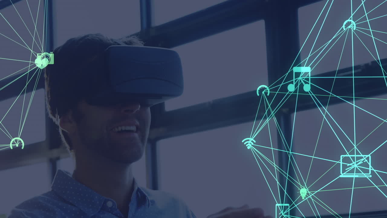 Globe of network of connections against man using VR headset